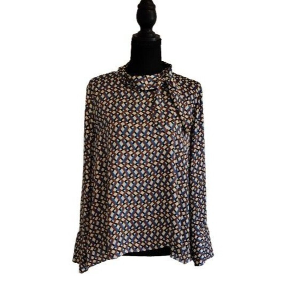 ZARA Woman Medium Geometric High Neck Tie Blouse Back Button Cuff Rhinestone Top